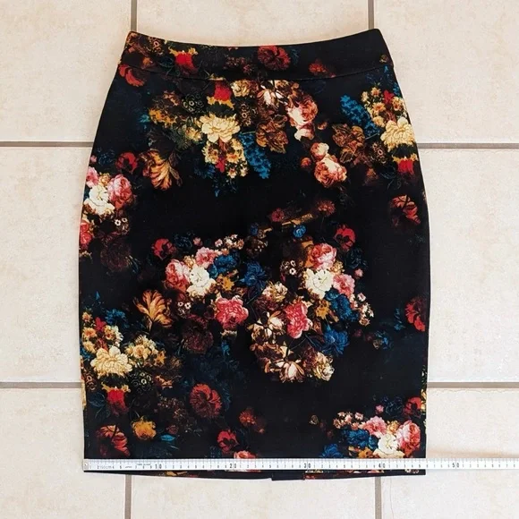 Size 10 Lined Floral Cynthia Rowley Black Pencil Skirt Maximalist Whimsical - Picture 7 of 12
